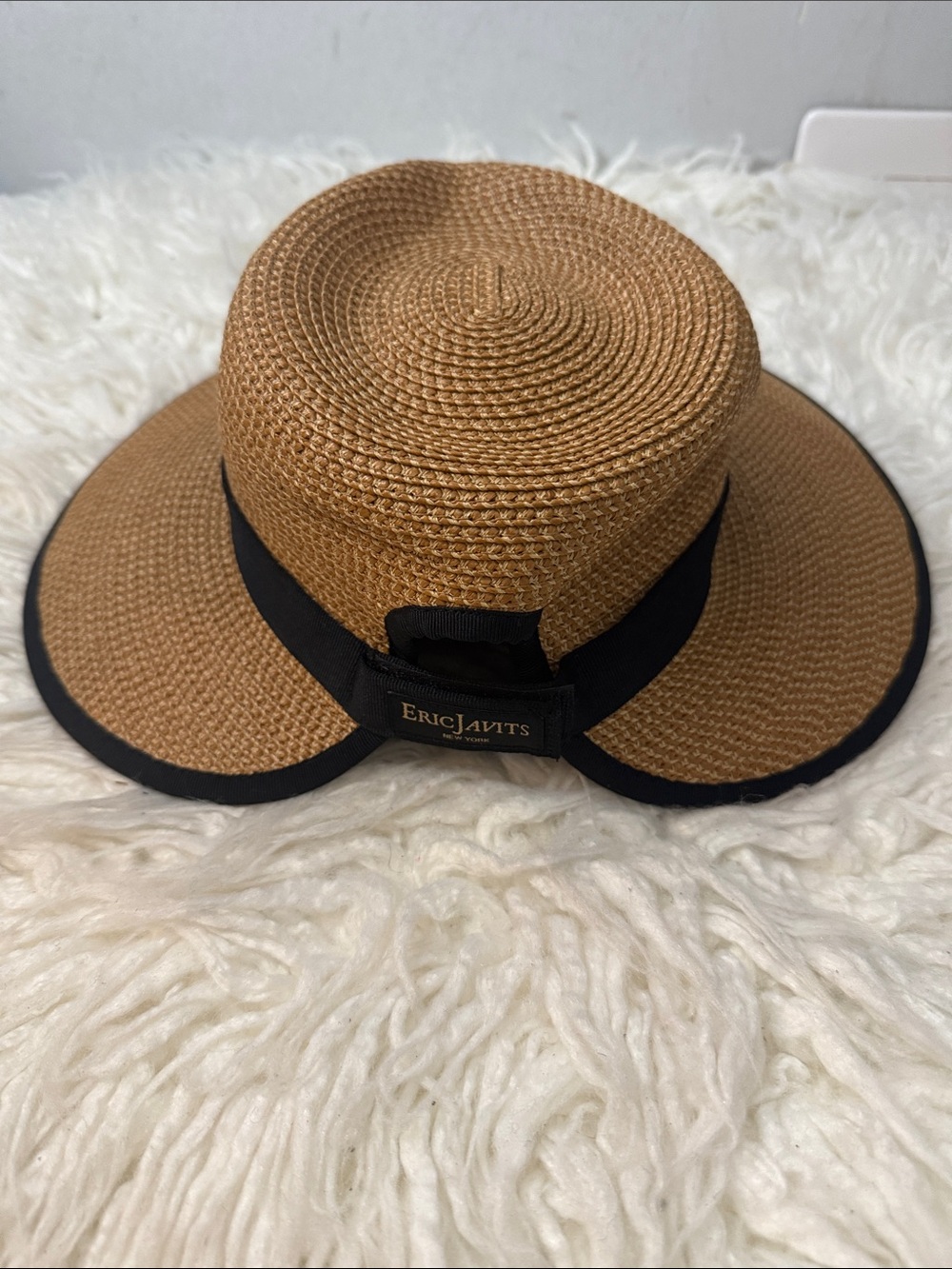 Eric Javits Sun Crest Pacable Hats Wide Brim Straw Sun Hat with Black Trim  OS - Picture 4 of 10